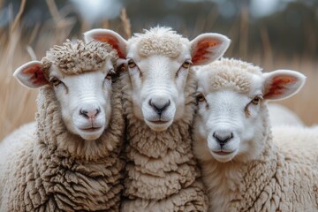 Obraz premium Captivating view of three sheep clustered together, evoking themes of companionship and unity in a pastoral setting