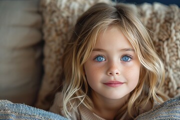 Fototapeta premium A young blonde girl with distinct blue eyes looking pensively at the camera