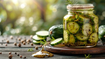 Glass jar holds pickled cucumbers, accompanied by a nearby drop of tangy vinegar