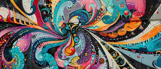 Graffiti-style lettering dances gracefully amidst intricate abstract patterns, resulting in a mesmerizing street art masterpiece that infuses the city streets with energy and vitality.