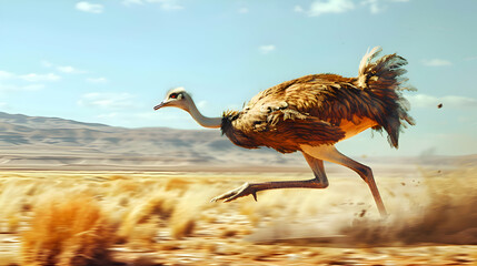Ostrich sprinting across the arid African savanna