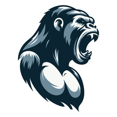 Wild angry gorilla head face vector illustration, primate animal zoology element illustration, roaring strong big ape logo mascot, design template isolated on white background - obrazy, fototapety, plakaty