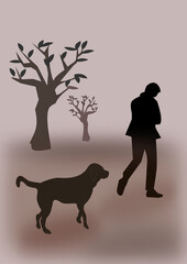 A man walking with a dog in the twilight
