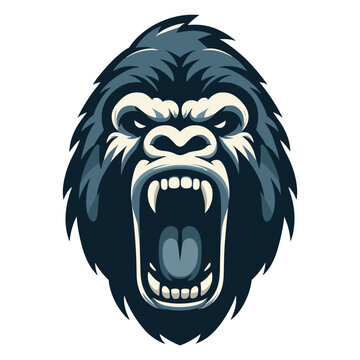 Wild angry gorilla head face design illustration, roaring strong big ape logo mascot, primate animal zoology element illustration, vector template isolated on white background
