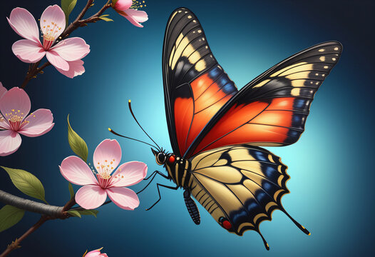 Drawing of orange butterfly with cherry blossom