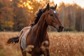 Obraz premium A stunning image capturing a gorgeous horse with a shiny coat in a golden autumn field at the golden hour