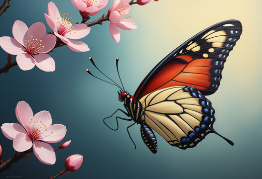 Drawing of orange butterfly with cherry blossom