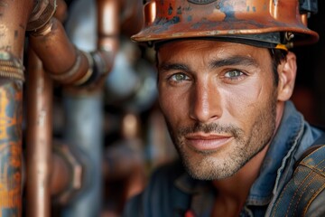Close-up of a serious oil worker carefully inspecting pipeline equipment in an industrial setting