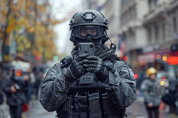 Obraz premium Full gear tactical officer facing forward, contrasting against a blurred city landscape