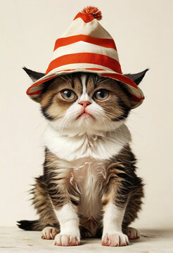 Abstract portrait of a cute kitten wearing a striped hat. Photography style, minimalistic. A cat looking to the camera. Have serious expression. Domestic animals concept. Funny photo.