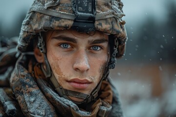 Striking close-up of a resilient young soldier facing the snow with a look of steadfast determination