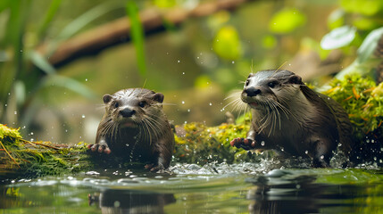 Playful otters sliding down mossy riverbank into crystal-clear water