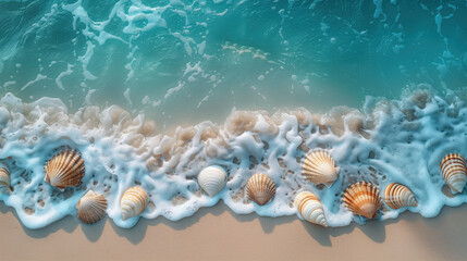 Top View of Sea Shells Getting Covered by Blue Sea Wave