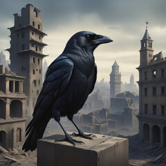 A crow perches on top of an old building in an abandoned city - obrazy, fototapety, plakaty