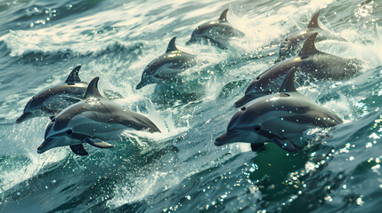 Pod of playful dolphins frolicking in sparkling ocean waves
