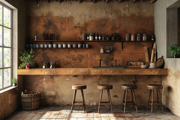 a kitchen with stools and shelves - obrazy, fototapety, plakaty