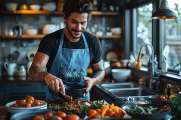 Man in blue apron cooks in your kitchen, demonstrating culinary expertise and passion for food.