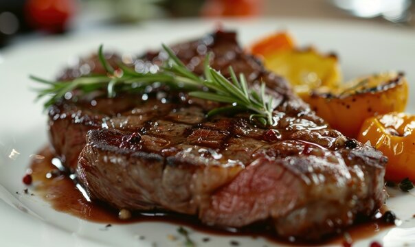 Perfectly cooked beef steak on table - A delicious medium rare steak with grill marks, garnished with herbs, served alongside roasted vegetables
