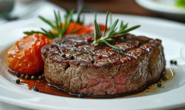 Grilled steak on a plate with garnish - Juicy medium-rare grilled steak served with tomatoes and rosemary on a white plate