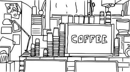 black and white hand drawn sketch of a barista work desk with a coffee machine in a coffee shop © masbay02