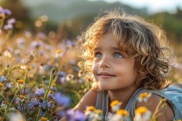 A young child with curly hair is surrounded by wildflowers, capturing the innocence and exploration of childhood