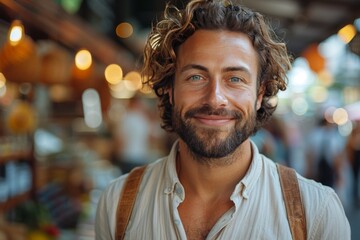 Fototapeta premium A handsome man with curly hair smiles at the camera, conveying charisma and warmth in an urban market
