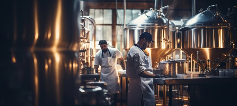 Modern stainless steel brewery lab  technicians analyze samples for scientific beer brand