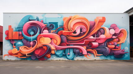 Graffiti-inspired lettering leaps from the walls in a street art mural, accompanied by swirling abstract shapes that add depth and dimension to the urban landscape.