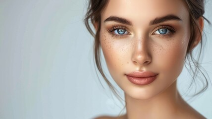 Woman with freckles and perfect skin - Gorgeous portrait of a woman with captivating blue eyes and naturally freckled skin - obrazy, fototapety, plakaty