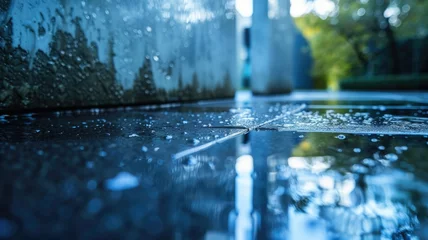 Fotobehang Close-up of water droplets on ground - Intricate details of water droplets scattered across a reflective surface, encapsulating the serenity of rain © Tida