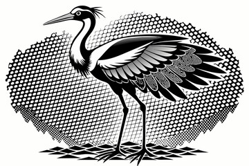 bird type stork in Japanese style, black on a white mesh background