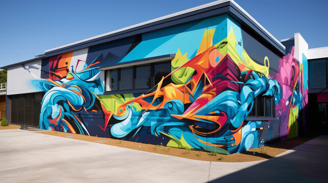 Layers of vibrant colors and intricate designs converge in a street art mural, where graffiti-style lettering and abstract shapes coalesce to create an immersive visual experience.