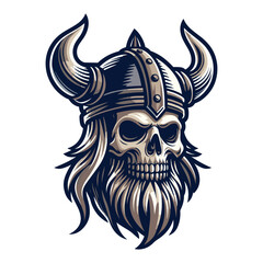 Viking head skull in helmet with horn design illustration, Nordic Scandinavian warrior, suitable for t-shirt, tattoo, logo design. Vector template isolated on white background