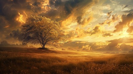Fototapeta na wymiar Sunset casting golden light on a lone tree - Breathtaking landscape of a solitary tree bathed in the golden light of sunset amidst a dreamy field, evoking a sense of serenity