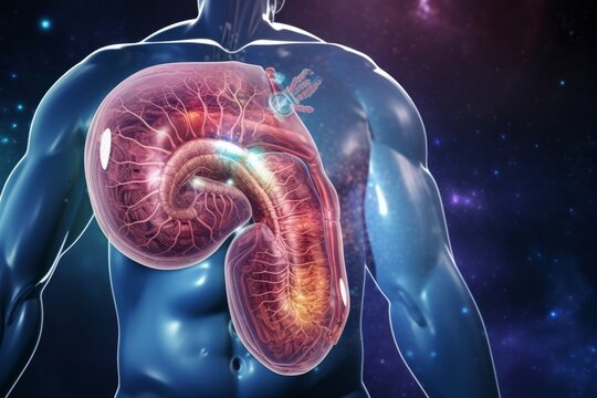 Human pancreas anatomy on scientific background. 3d illustration. 