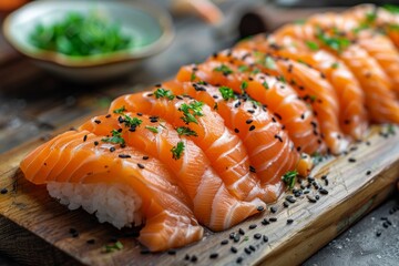 An appetizing image showcasing a wooden platter of freshly prepared salmon sushi garnished with herbs and spices