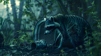 Raccoon raiding a garbage bin under the cover of night - obrazy, fototapety, plakaty