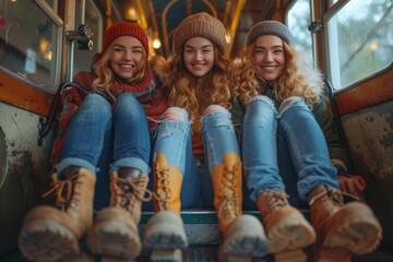 Group of three friends wearing cozy winter attire showing their boots on a vintage tram