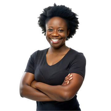 smiling young african american businesswoman successful posing confidently with crossed arms