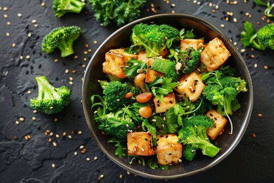 a bowl of food with broccoli and tofu