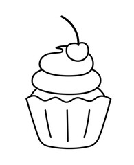 Cherry cupcake coloring book. Black and white cupcake. Vector