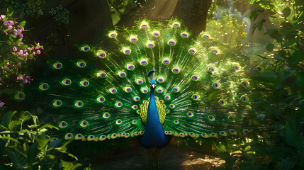 Regal peacock displaying its magnificent feathers in a lush garden - obrazy, fototapety, plakaty