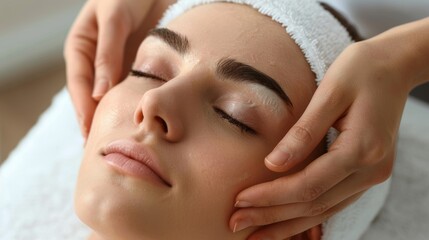 Fototapeta na wymiar Young woman enjoying soothing spa facial massage for radiant beauty treatment at salon