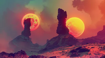 Photo sur Aluminium Brique Alien landscape with a fiery sun, rocky terrain, and distant planets, perfect for science fiction and space exploration themes.
