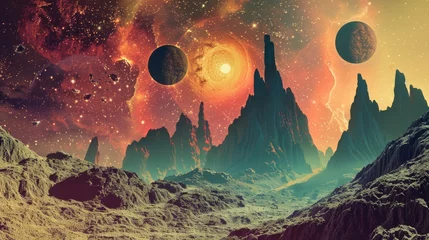 Poster Alien landscape with a fiery sun, rocky terrain, and distant planets, perfect for science fiction and space exploration themes. © mashimara