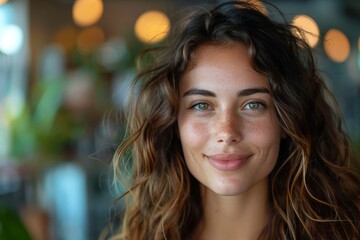 Portrait of a smiling woman with freckles and curly hair, portraying natural beauty and authenticity in an indoor setting