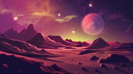 Colorful background with bright flat lunar rocky and sandy landscape against nebula and sunlight, AI generated - obrazy, fototapety, plakaty
