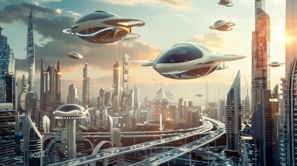  Flying cars futuristic city fantasy - obrazy, fototapety, plakaty