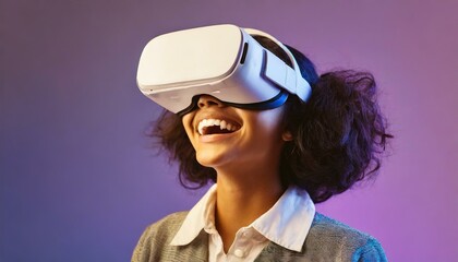 female student wearing white augmented virtual reality glasses on neon purple studio background - obrazy, fototapety, plakaty