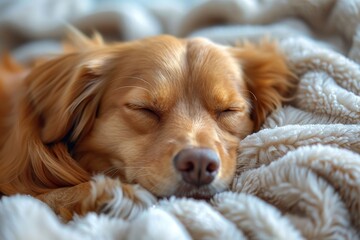 Close-up shot of a serene golden retriever enjoying a peaceful nap on a soft, cozy blanket